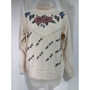 VTG Alfred Dunner Ivory Floral‎ Knit Pullover Grandmacore Sweater Women's S